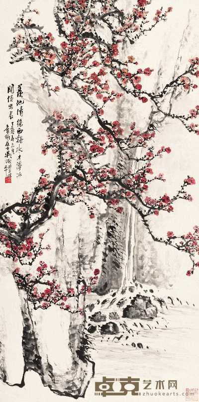 吴待秋 绝壁红梅 立轴 105×52cm